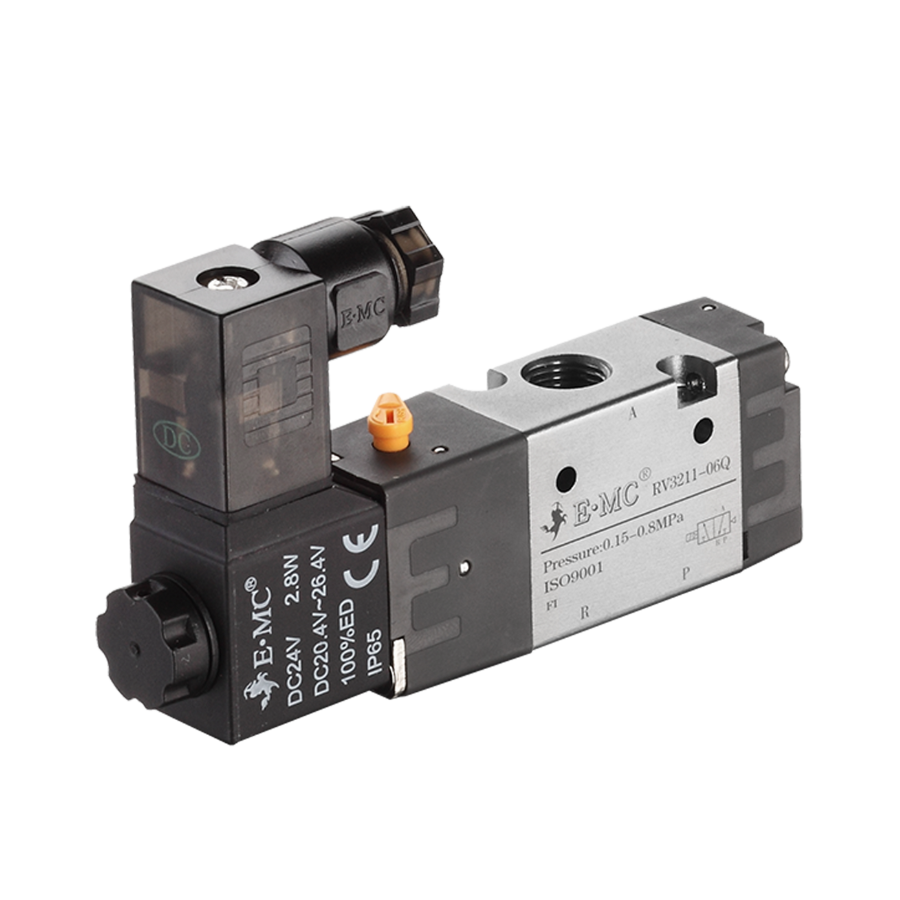 Electroválvula  5/2 Monoestable, Puertos 1/4'' Cuerda tipo "G", Muelle: neumático, 24 VDC, Caudal 1600 LT/min Mod. RV5232-08E4