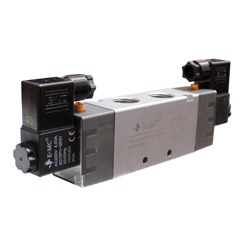 Electroválvula  5/2 Biestable, Puertos 1/2'' Cuerda tipo "G", Muelle: neumático, 220 VAC, Caudal 2000 LT/min Mod. EMC-RV5242-15E2