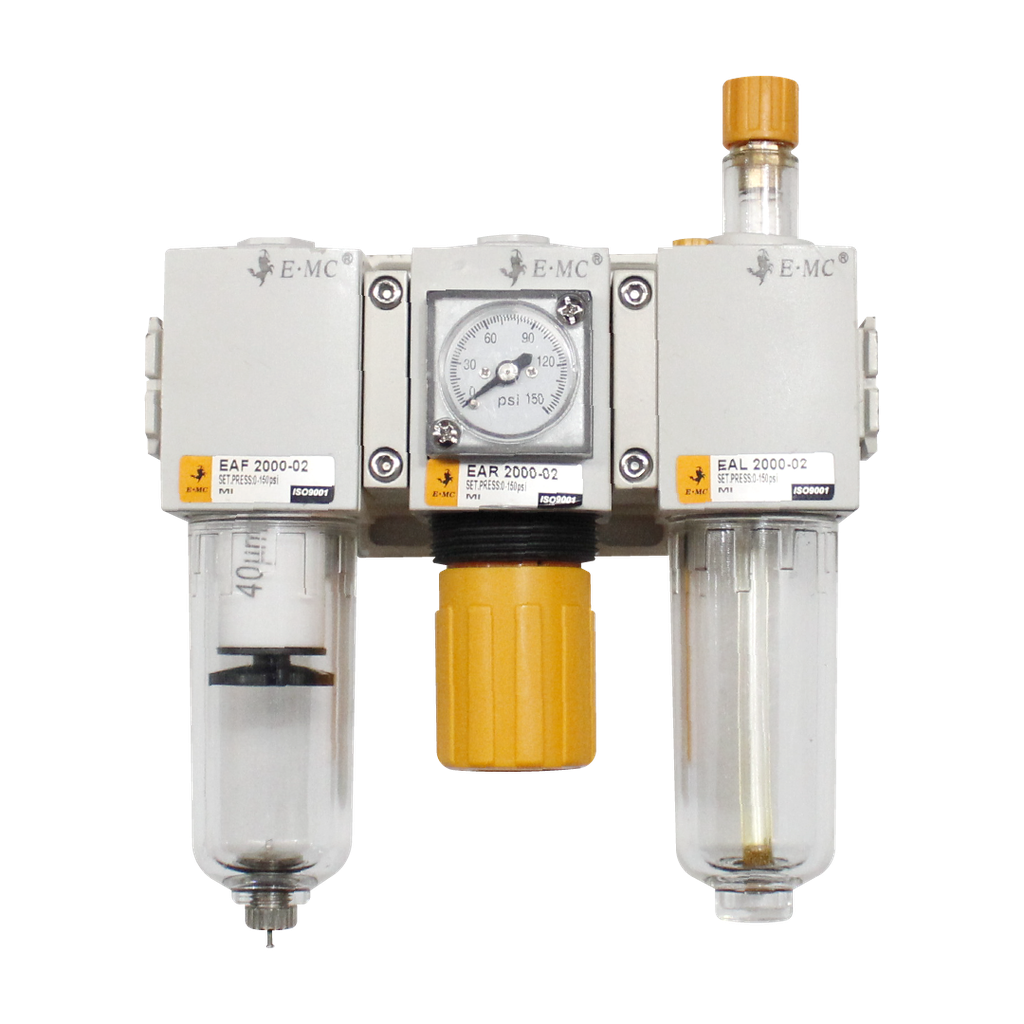 Combinación Filtro Regulador y Lubricador 1/4" BSP EAC2000-02F3 FRL, manómetro cuadrado, 145 PSI, 40um, purga manual