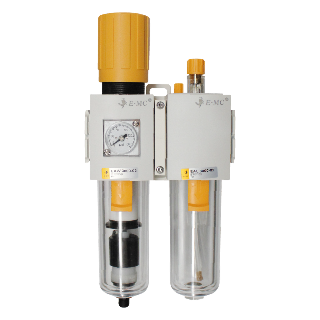 Combinación Filtro Regulador y Lubricador FR.L, manómetro cuadrado, grado de fitración 40 micras, Tamaño 3, vasos policarbonato, 145 PSI, purga automática, puertos 1/4" BSP