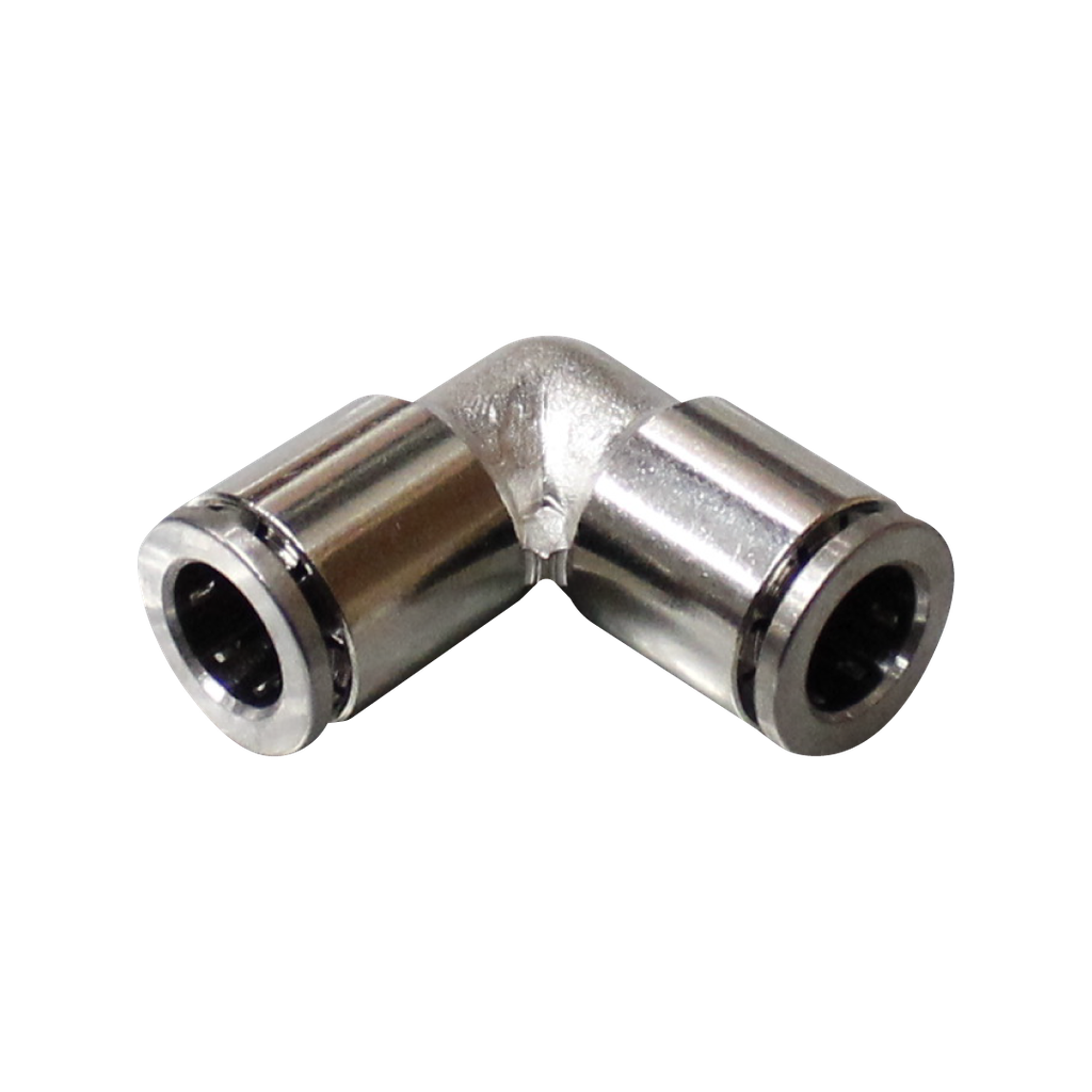 Racor rápido codo metálico, latón niquelado, unión manguera-manguera 8mm