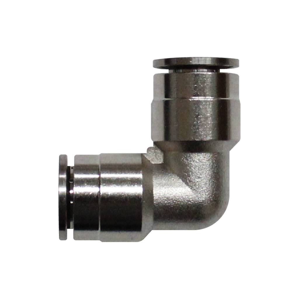 Racor rápido codo metálico, latón niquelado, unión manguera-manguera 8mm