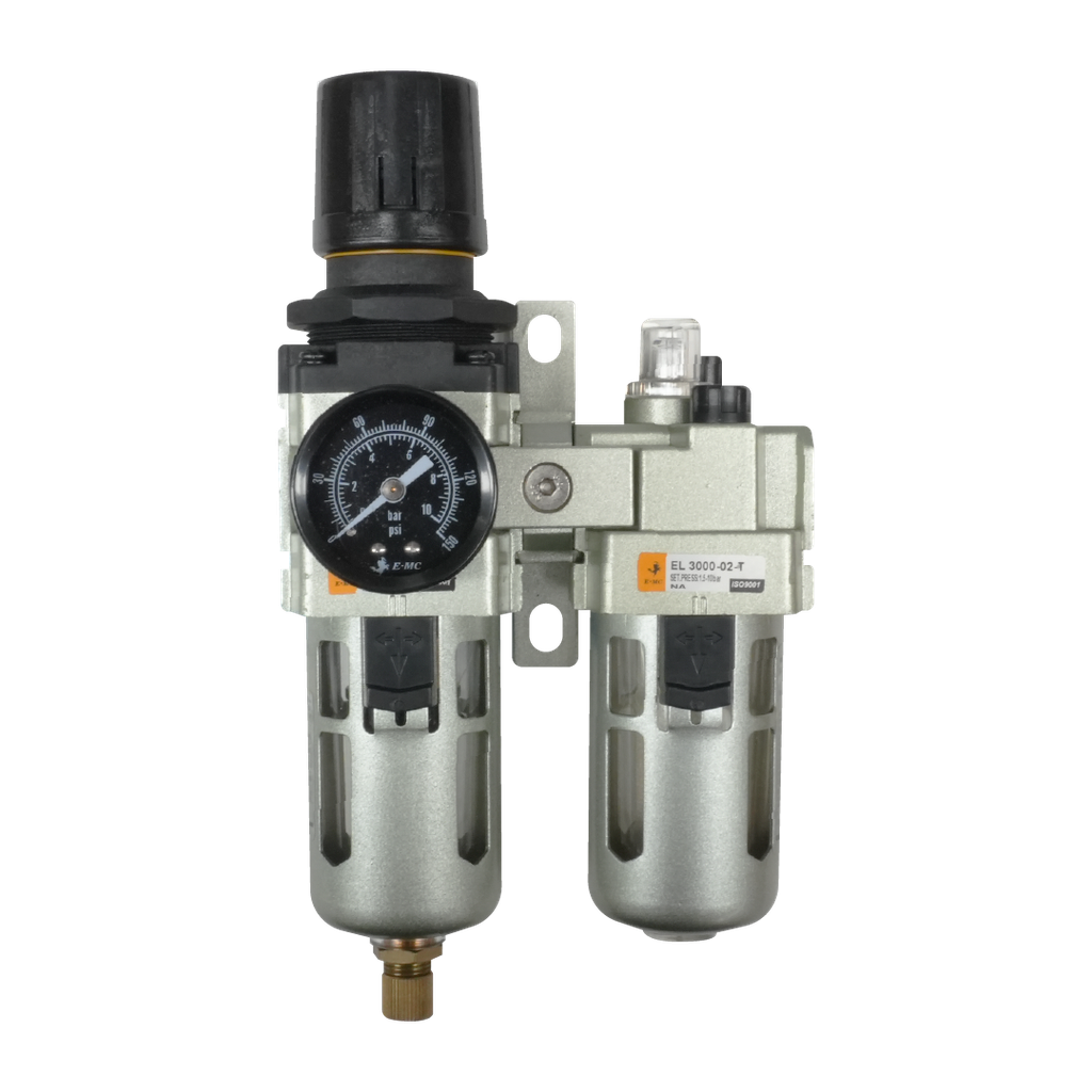 [EC3010-025-T] Combinación Filtro Regulador y Lubricador EC3010-025-T FR.L, 1/4" NPT, manómetro redondo, Bar/Psi purga manual, 25um