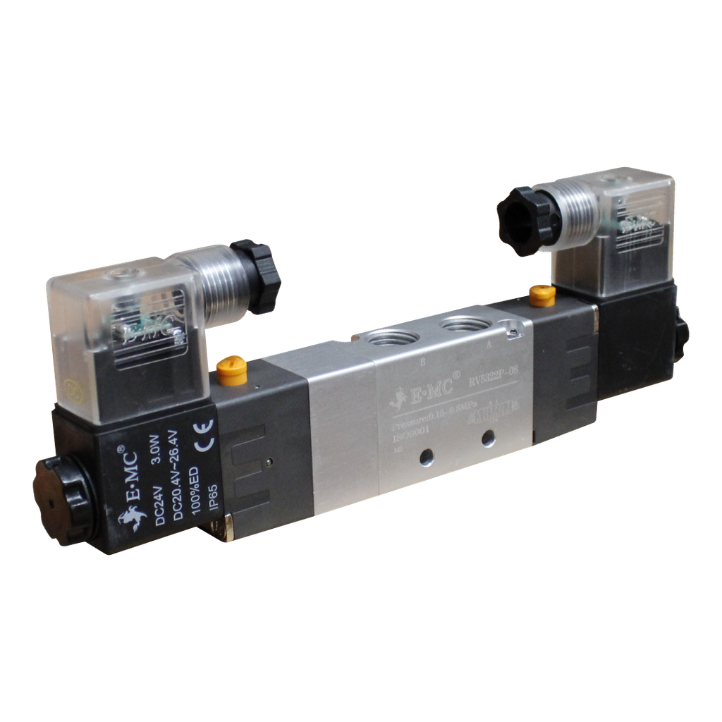 [RV5322P-08E4J] Electroválvula 5/3 doble bobina, Centros a presión, 2 serie, DC24V, Conector transparente 1/4" BSP