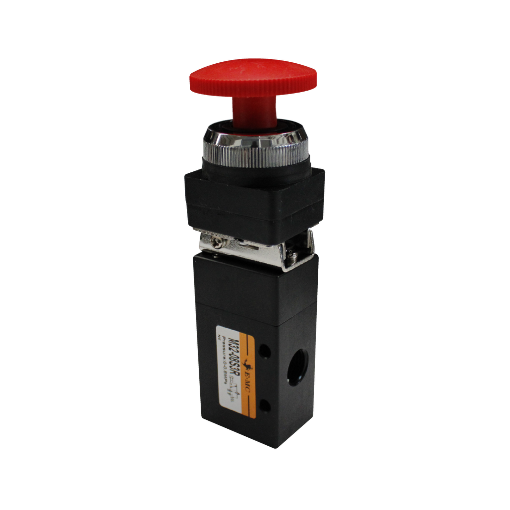 Válvula de panel 3/2, tamaño 1, acccionamiento mediante boton pulsador tipo hongo con enclavamiento c-rojo puertos 1/8" BSP