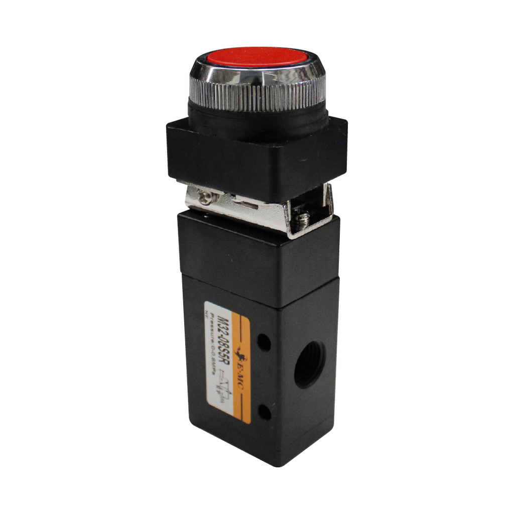 [EMOV321-PP-R] Válvula de panel 3/2, tamaño 1, acccionamiento mediante boton pulsador rasante c-rojo puertos 1/8" BSP
