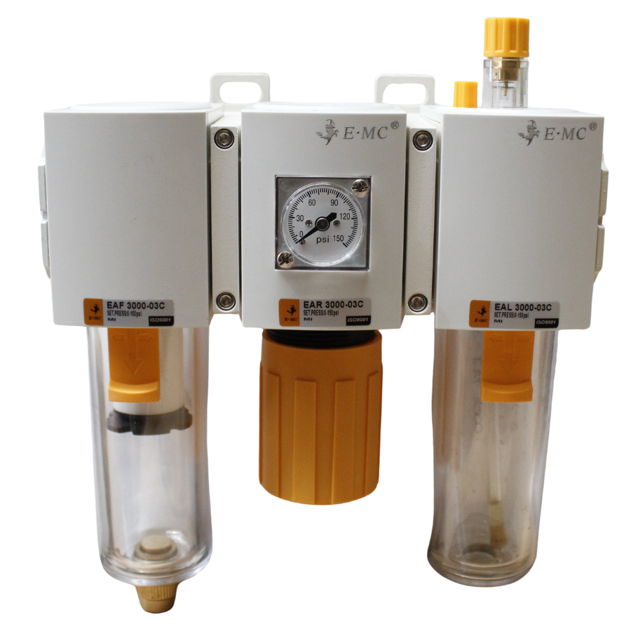 [EAC4010-04DF3] Combinación Filtro Regulador y Lubricador FR.L, manómetro cuadrado, grado de fitración 40 micras, Tamaño 4, vasos policarbonato, 145 PSI, purga automática, puertos 1/2" BSP