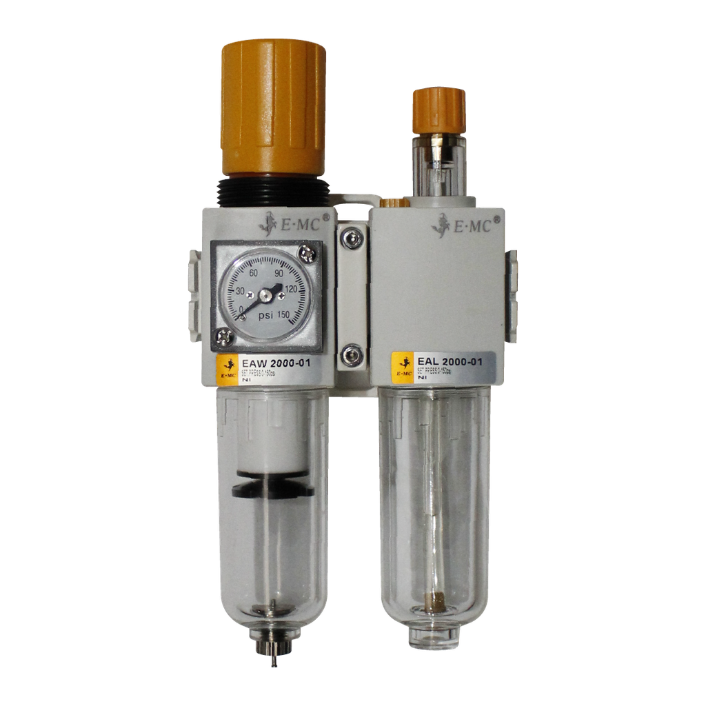 [EAC2010-01F3-T] Combinación Filtro Regulador y Lubricador FR.L, manómetro cuadrado, grado de fitración 40 micras, Tamaño 2, vasos policarbonato, 145 PSI, purga manual, puertos 1/8" NPT