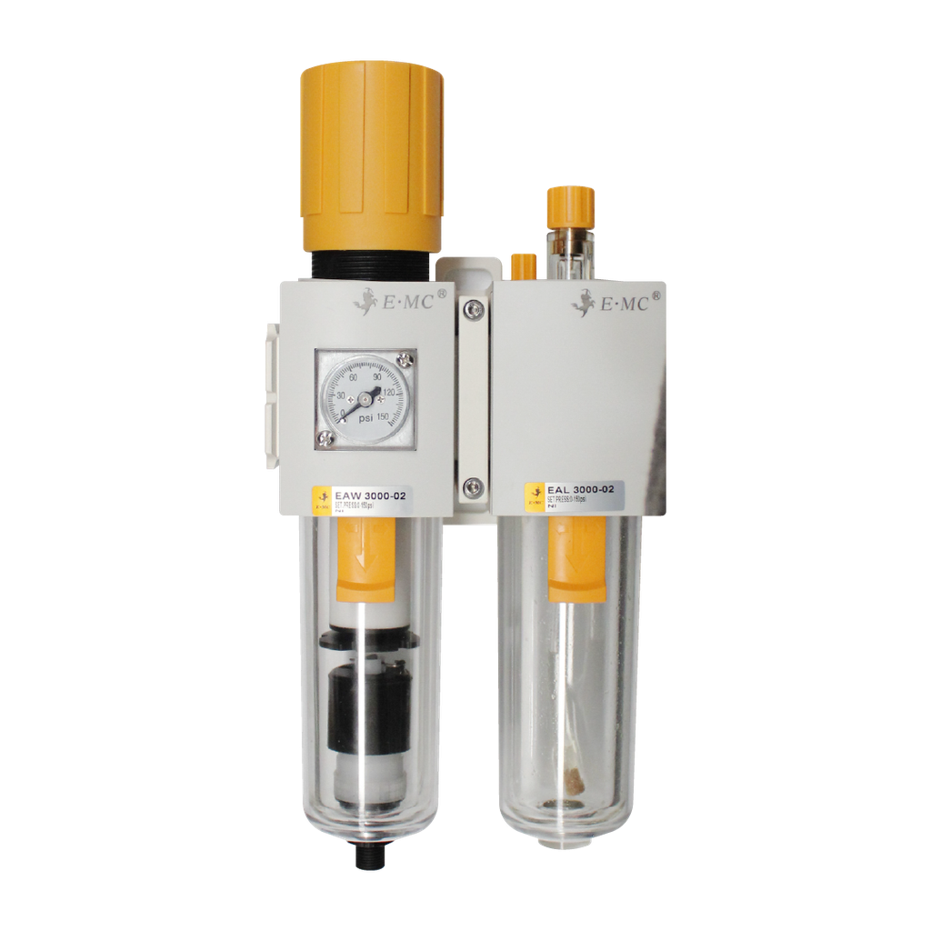 [EAC3010-02DF3-T] Combinación Filtro Regulador y Lubricador FR.L, manómetro cuadrado, grado de fitración 40 micras, Tamaño 3, vasos policarbonato, 145 PSI, purga automática, puertos 1/4" NPT