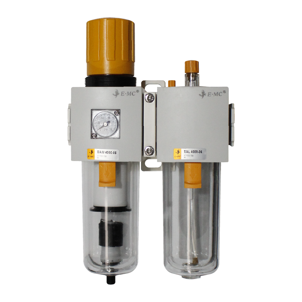 [EAC4010-06DF3-T] Combinación Filtro Regulador y Lubricador FR.L, manómetro cuadrado, grado de fitración 40 micras, Tamaño 4, vasos policarbonato, 145 PSI, purga automática, puertos 3/4" NPT
