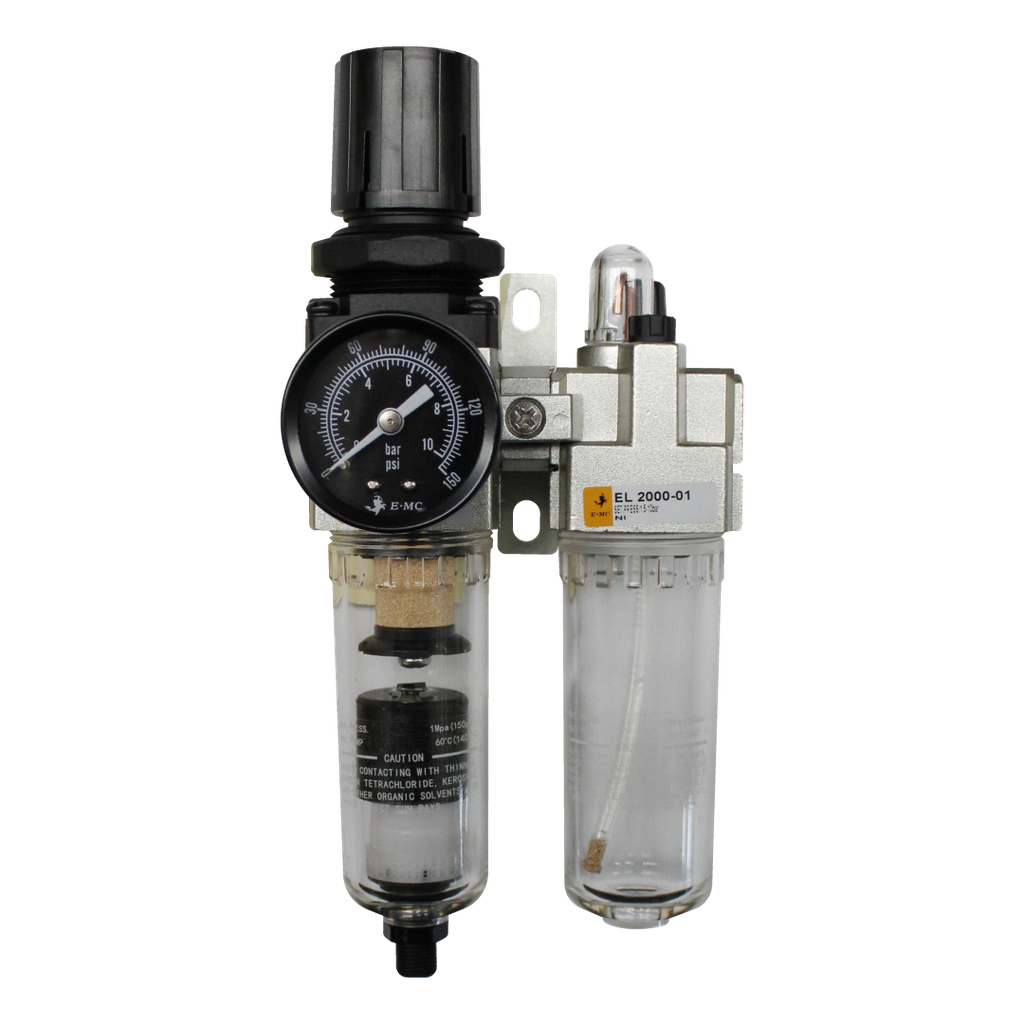 Combinación Filtro Regulador y Lubricador FRL, manómetro redondo, grado de fitración 25 micras, Tamaño 2, vasos metálicos, 145 PSI, purga autómatica, puertos 1/8" NPT