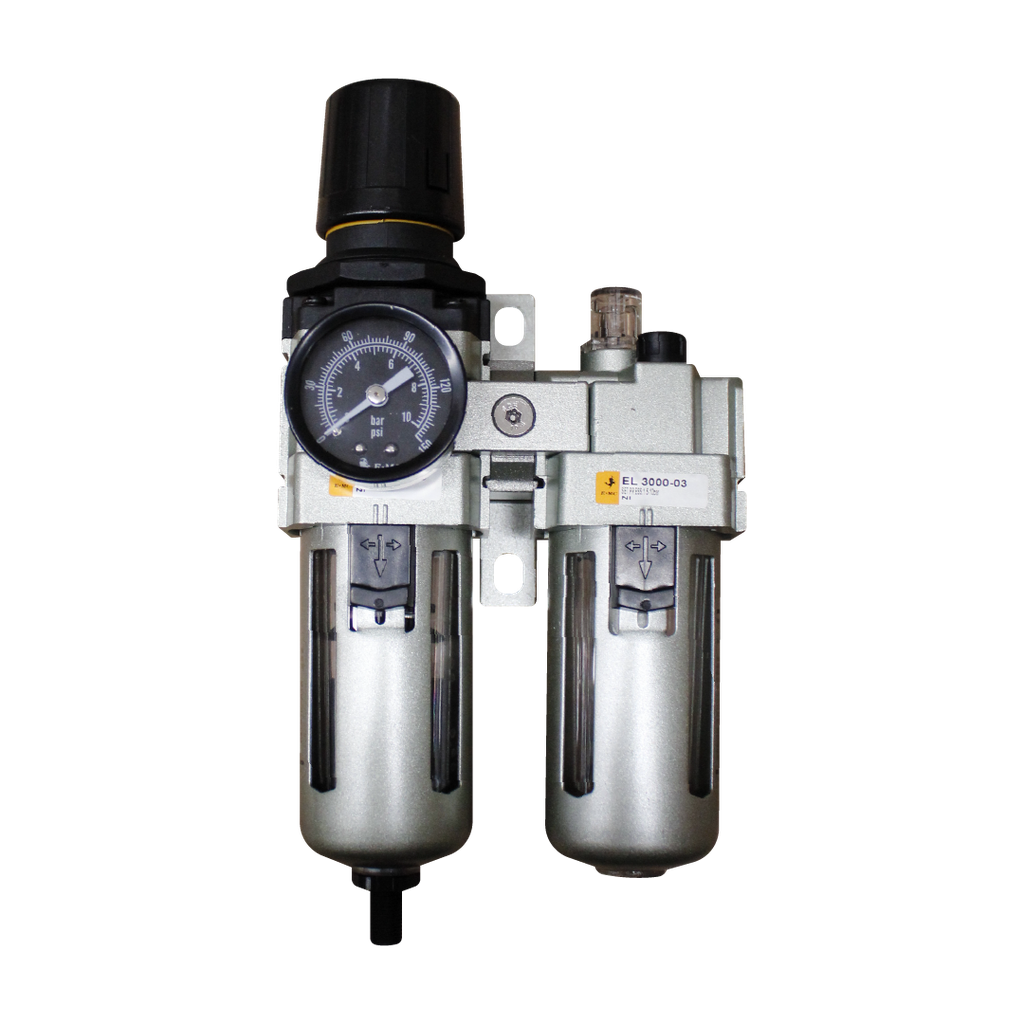 [EC3010-03D5-T] Combinación Filtro Regulador y Lubricador FRL, manómetro redondo, grado de fitración 25 micras, Tamaño 3, vasos metálicos, 145 PSI, purga autómatica, puertos 3/8" NPT