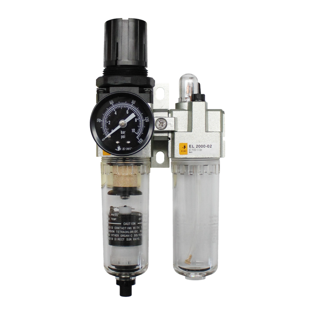 [EC2010-02D5] Combinación Filtro Regulador y Lubricador FRL, manómetro redondo, grado de fitración 25 micras, Tamaño 2, vasos metálicos, 145 PSI, purga autómatica, puertos 1/4" BSP