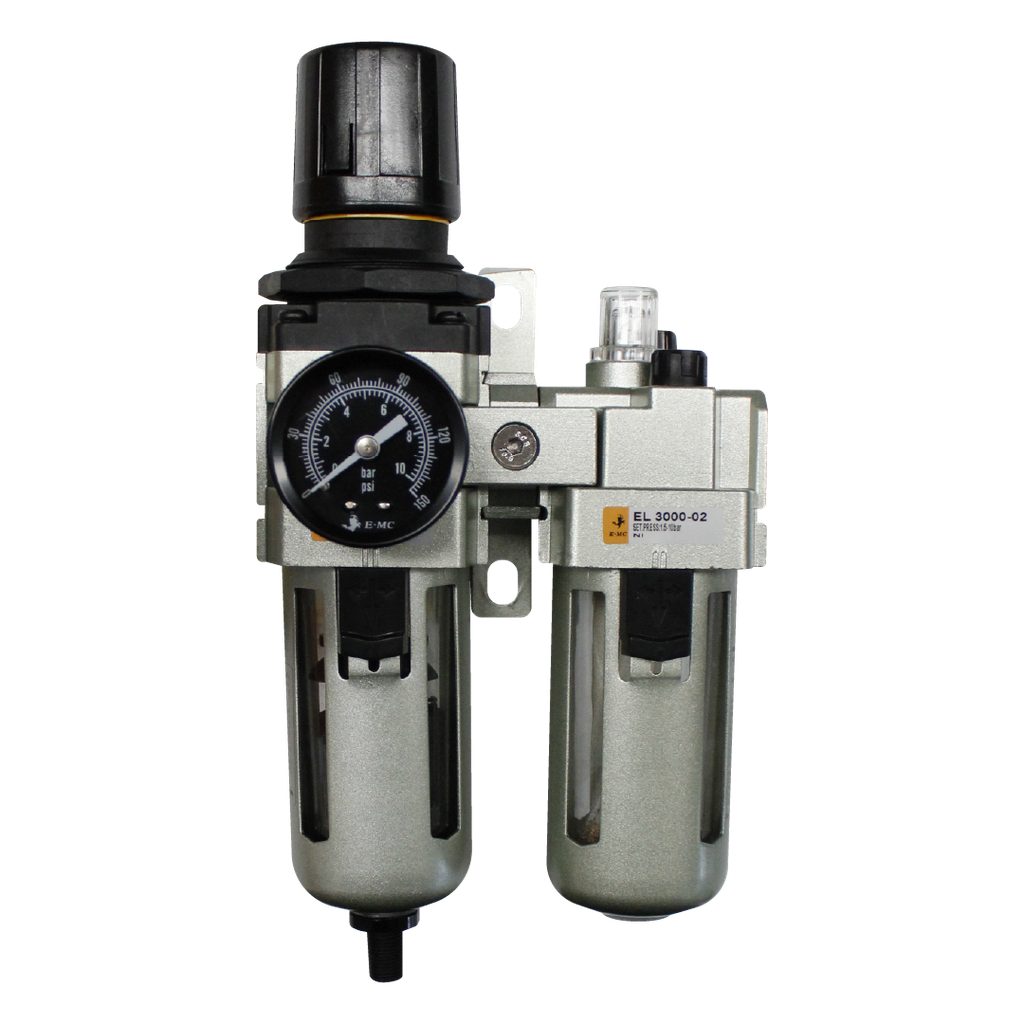 [EC3010-02D5] Combinación Filtro Regulador y Lubricador FRL, manómetro redondo, grado de fitración 25 micras, Tamaño 3, vasos metálicos, 145 PSI, purga autómatica, puertos 1/4" BSP