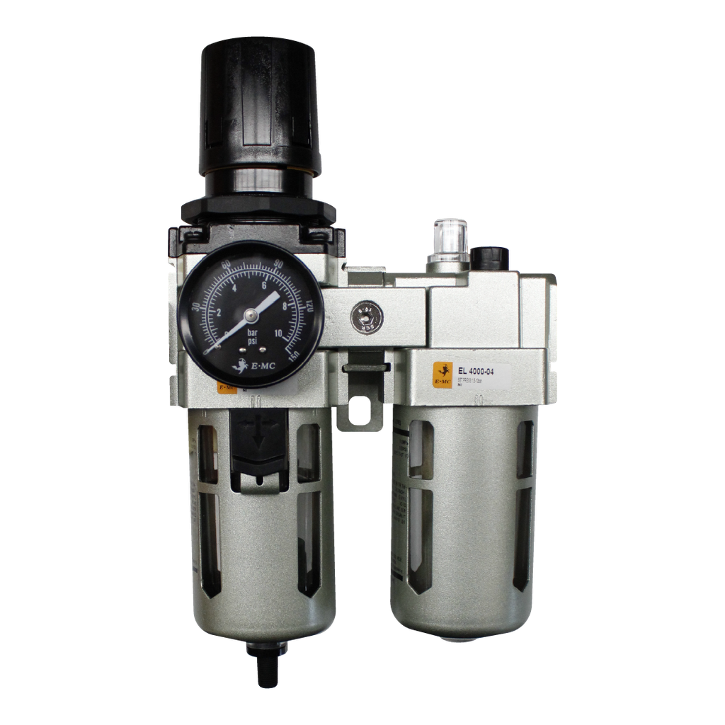 [EC4010-04D5] Combinación Filtro Regulador y Lubricador FRL, manómetro redondo, grado de fitración 25 micras, Tamaño 4, vasos metálicos, 145 PSI, purga autómatica, puertos 1/2" BSP