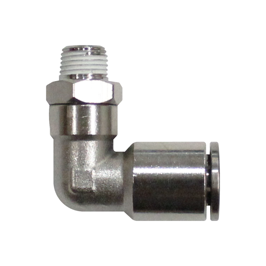 [EML10-03P-A] Racor rápido codo metálico, latón niquelado, manguera 10mm rosca 3/8'' PT