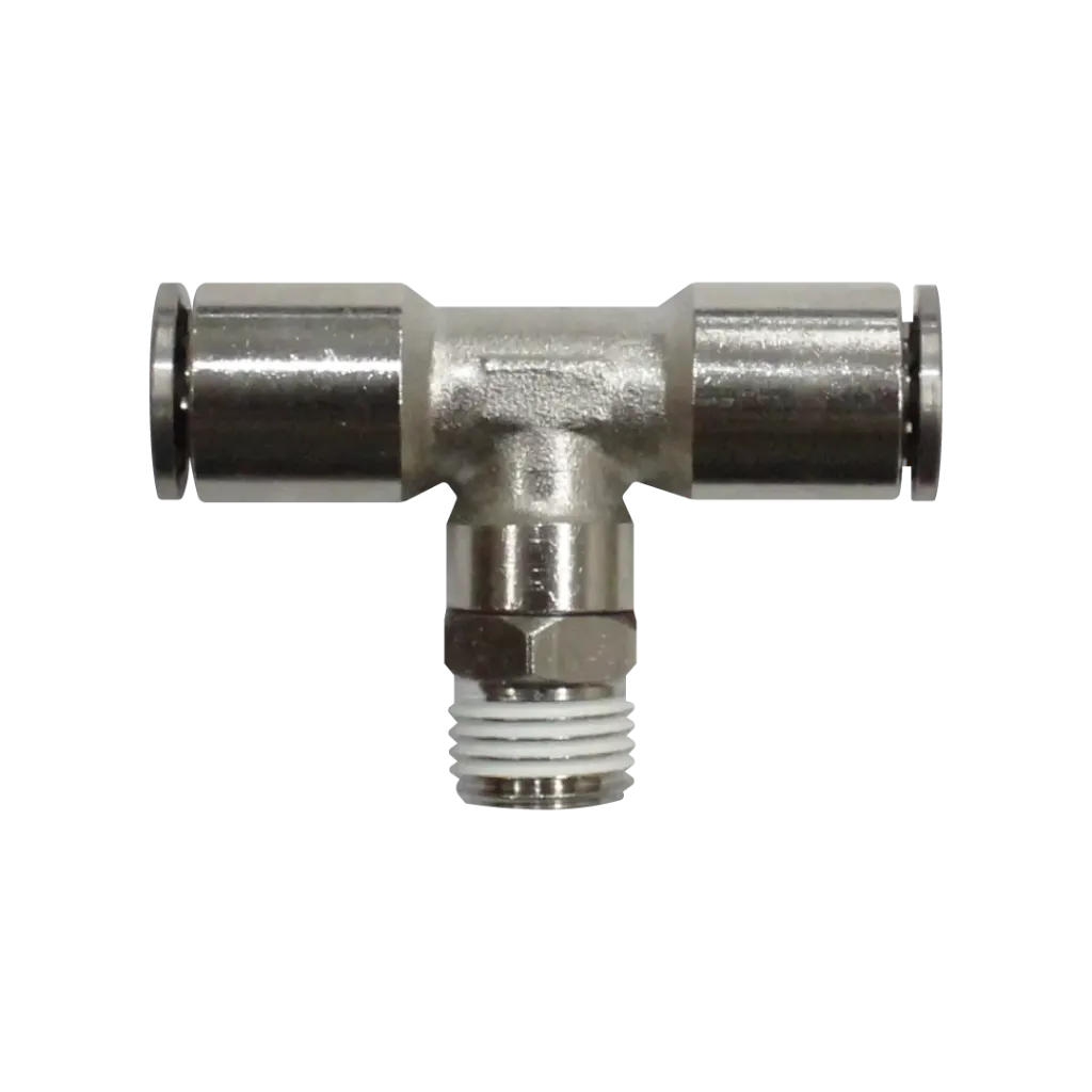 Racor rápido Tee metálico, latón niquelado, manguera 6mm rosca 1/4'' PT