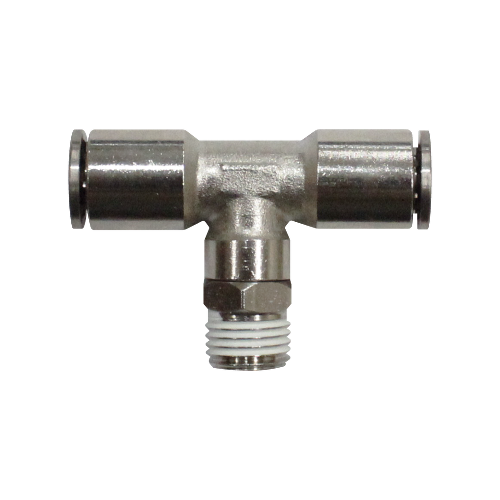 [EMB10-03P-A] Racor rápido Tee metálico, latón niquelado, manguera 10mm rosca 3/8'' PT