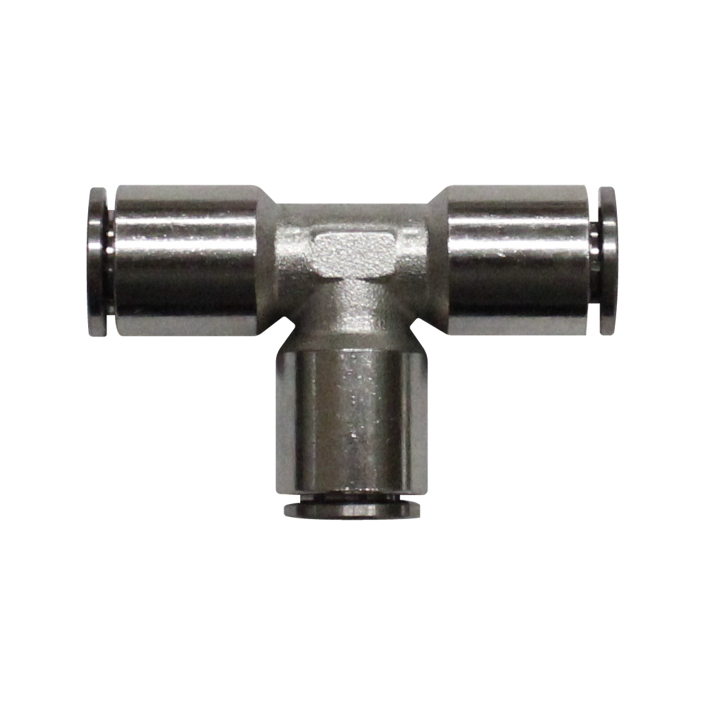 Racor rápido Tee metálico, latón niquelado, unión manguera-manguera 6mm