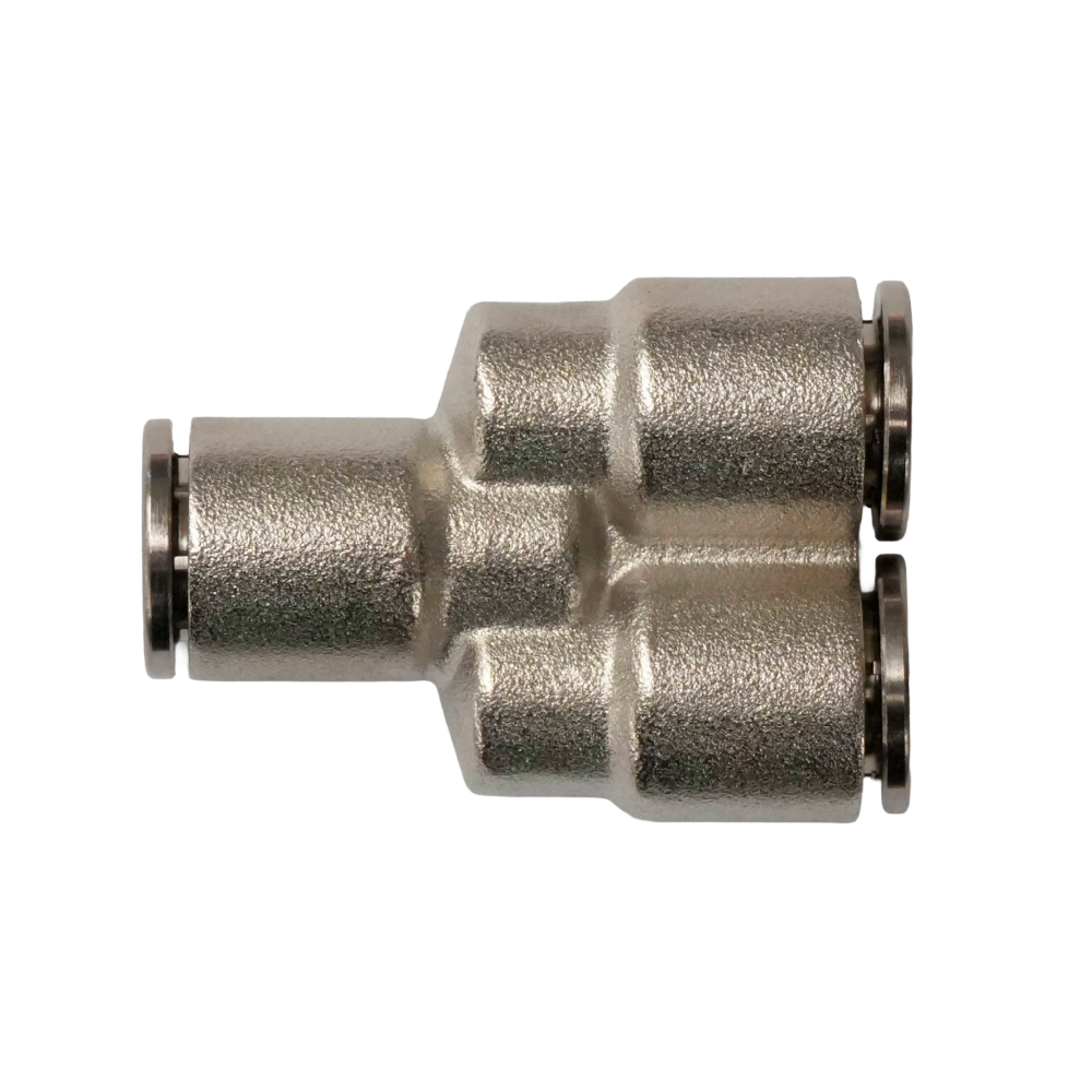 [EMY04-A] Racor rápido "Y" metálico, latón niquelado, unión manguera-manguera 4mm