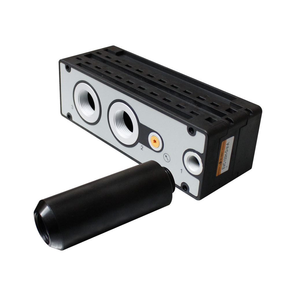 [EVC100H-D-V-A] Generador de Vacío 4 tubos de aspiración, aspiración por cada tubo 92 kPa, tipo de conexión, alimentación de aire 1/4 G, puerto vacío 3/4 G", desfogue 3/4 G" con válvulas de seguridad.