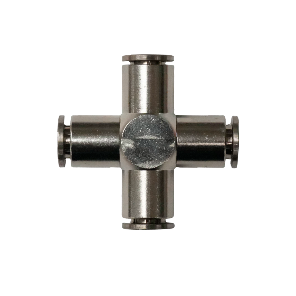 [EMZA08-A] Racor rápido "X" metálico, latón niquelado, unión manguera-manguera 8mm