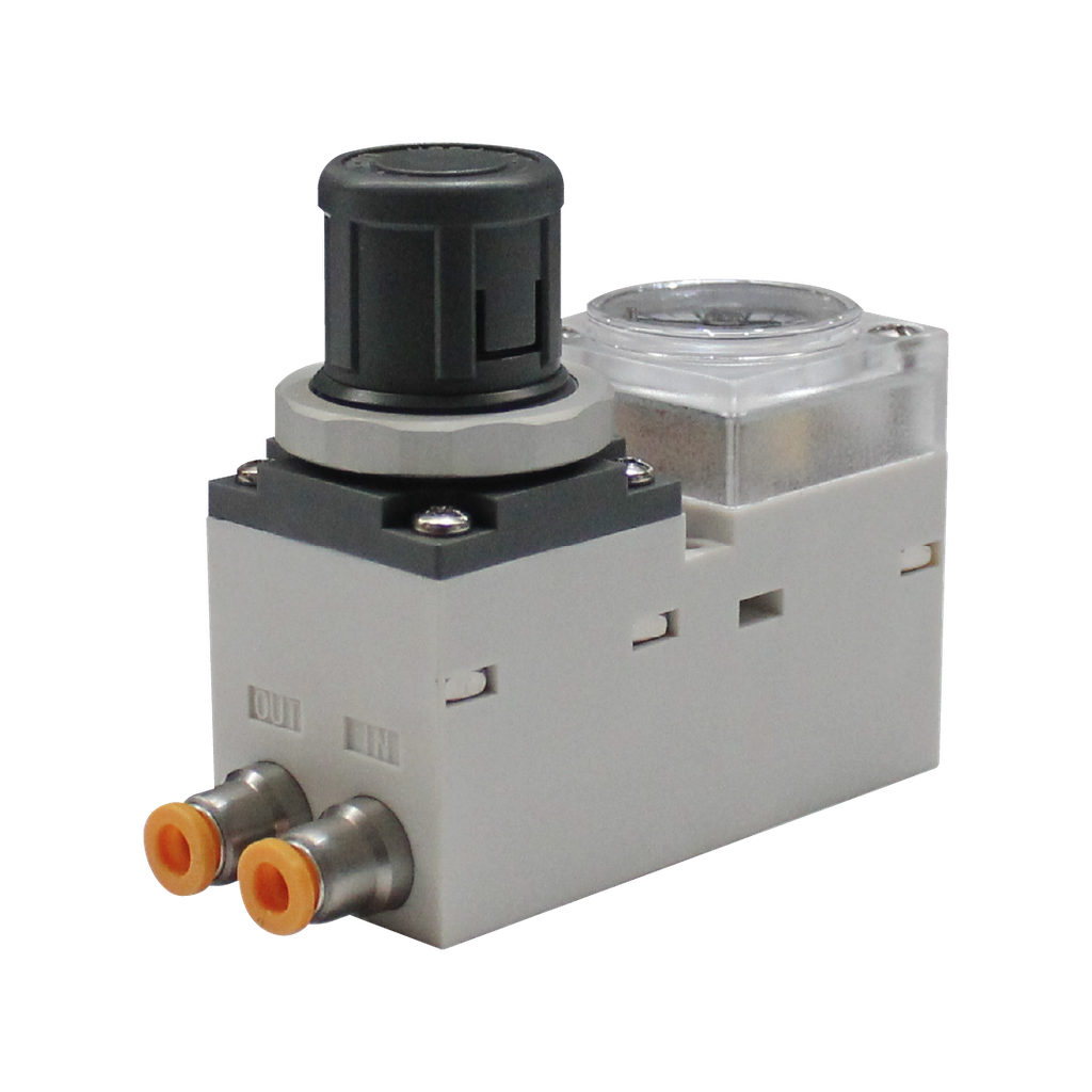 [ERM1000F-1-0606-J-1] Mini regulator de presión, posición de la maguera hacia abajo 06-06 mm, sin bracket medición Mpa 